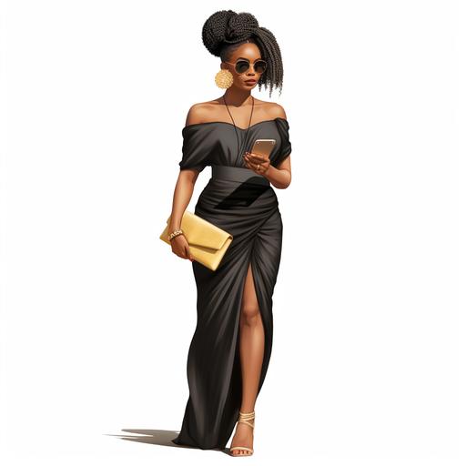 full body black girl clipart, side view, hair in a bun, holding envelope clutch purse, wearing black sun glasses, rich girl, fashionista, white background