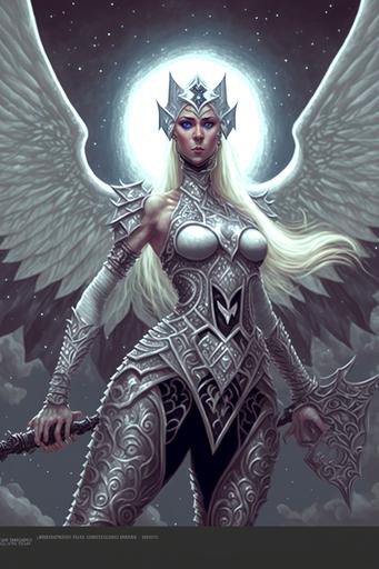 , full body camera shot,Elven Angular face features, Poiny ears, Art by Greg Rutkowski, A Vibrant Dark Angel, Glowing, Moon in background,Moon Godess, Highly detailed Womans face, gorgeous woman, Moon Godess, Wearing armor, full body camera shot, Angelic woman with angular features, elf ,spreading huge angelic wings, flying over a black clouds, ashes,extreme detail --ar 2:3 --chaos 100 --v 4