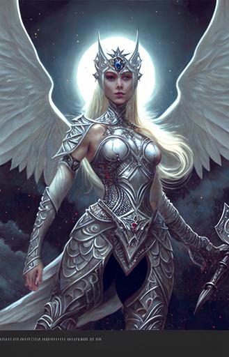 , full body camera shot,Elven Angular face features, Poiny ears, Art by Greg Rutkowski, A Vibrant Dark Angel, Glowing, Moon in background,Moon Godess, Highly detailed Womans face, gorgeous woman, Moon Godess, Wearing armor, full body camera shot, Angelic woman with angular features, elf ,spreading huge angelic wings, flying over a black clouds, ashes,extreme detail --ar 2:3 --chaos 100 --v 4