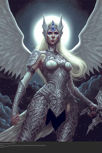 , full body camera shot,Elven Angular face features, Poiny ears, Art by Greg Rutkowski, A Vibrant Dark Angel, Glowing, Moon in background,Moon Godess, Highly detailed Womans face, gorgeous woman, Moon Godess, Wearing armor, full body camera shot, Angelic woman with angular features, elf ,spreading huge angelic wings, flying over a black clouds, ashes,extreme detail --ar 2:3 --chaos 100 --v 4