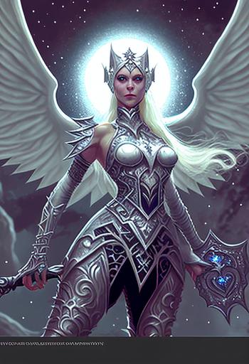 , full body camera shot,Elven Angular face features, Poiny ears, Art by Greg Rutkowski, A Vibrant Dark Angel, Glowing, Moon in background,Moon Godess, Highly detailed Womans face, gorgeous woman, Moon Godess, Wearing armor, full body camera shot, Angelic woman with angular features, elf ,spreading huge angelic wings, flying over a black clouds, ashes,extreme detail --ar 2:3 --chaos 100 --v 4