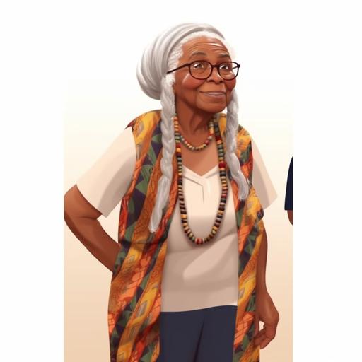 full body centered characters , a beautiful older black woman with long grey hair , a vibrant elderly woman, 77-80 years old , mutilple poses in sensible way and happy expressions , pixar style , flat color - no outline --v 5.0
