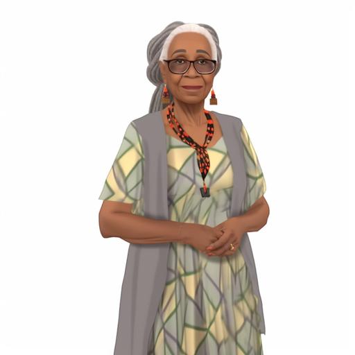 full body centered characters ,front view , a beautiful older black woman with long grey hair , a vibrant elderly woman, ,she is wearing full grey dress , 77-80 years old , HAPPY EXPRESSION , sensible character standing in gentle way , pixar style , flat color - no outline --v 5.0