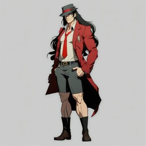 full body character art of anime pro wrestler with semi long black hair, detective gear, fedora, long flowing red scarf, black and red color scheme, wrestling shorts, Tiger Mask W style