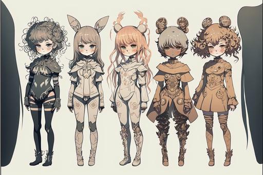full body collection of sci fi humanoids, Kemonomimi females, 4 head height, bloodborne, dunes aesthetic, anime style, semi chibi, simple shading --ar 3:2 --v 4 --q 3