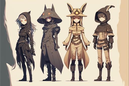 full body collection of sci fi humanoids, Kemonomimi females, 4 head height, bloodborne, dunes aesthetic, anime style, semi chibi, simple shading --ar 3:2 --v 4 --q 3