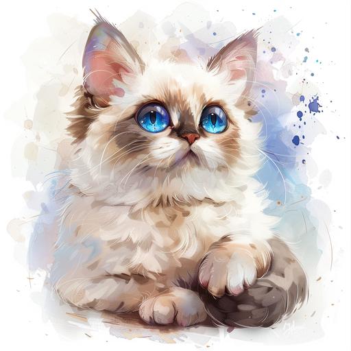 full body cute ragdoll cat with big sparkling blue eyes semi realistic semi kawaii in watercolor being cute and snuggly