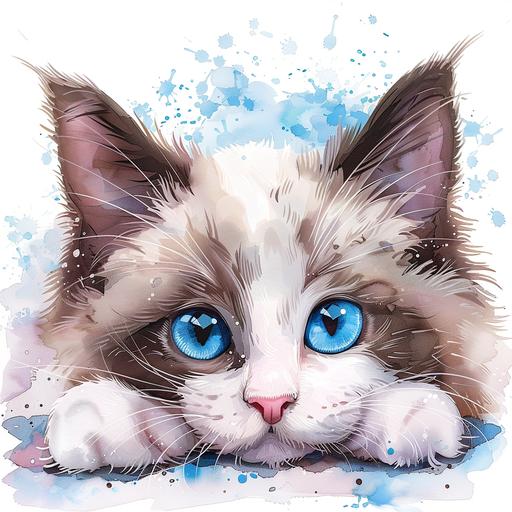full body cute ragdoll cat with big sparkling blue eyes semi realistic semi kawaii in watercolor being cute and snuggly