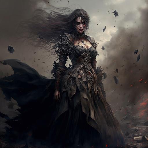 full body evil hateful angry terrifying woman, dark early medieval armor and weapons, flowing torn dress, wind, piercing eyes, backround of a smoky battlefield, scary, horror, photographic, photography, realism, ultra detailed, fantasy