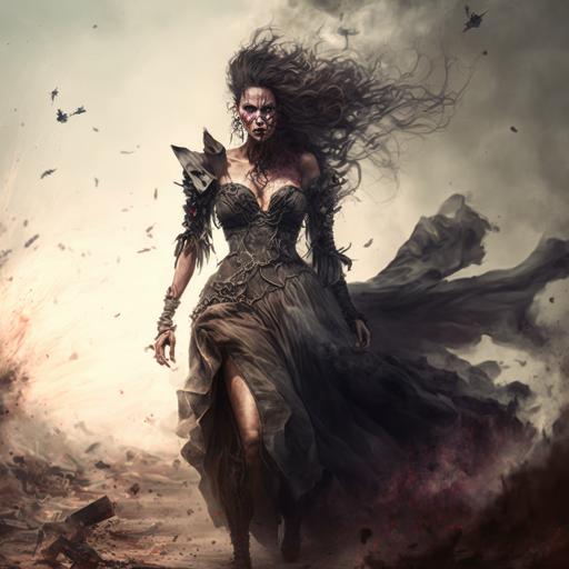 full body evil hateful angry terrifying woman, flowing torn dress, wind, piercing eyes, backround of a smoky battlefield, scary, horror, photographic, photography, realism, ultra detailed, fantasy --q 2 --v 4