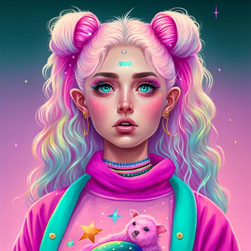 full body female, doll face features, big lips, big sparkle eyes, lisa frank style girl with bright clothing on, sparkle nose ring, sparkle lip ring, sparkle eyebrow piercing, blonde space bun hair, oversized pink leg warmers
