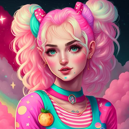 full body female, doll face features, big lips, big sparkle eyes, lisa frank style girl with bright clothing on, sparkle nose ring, sparkle lip ring, sparkle eyebrow piercing, blonde space bun hair, oversized pink leg warmers