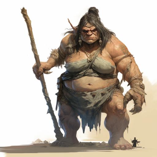 full body female ogre wearing cavewoman clothing, ugly, highly detailed, forgotten realms style concept art, Tom abbey art style, obese, no shoes, cavewoman hairstyle, brutish features, holding a caveman wooden club