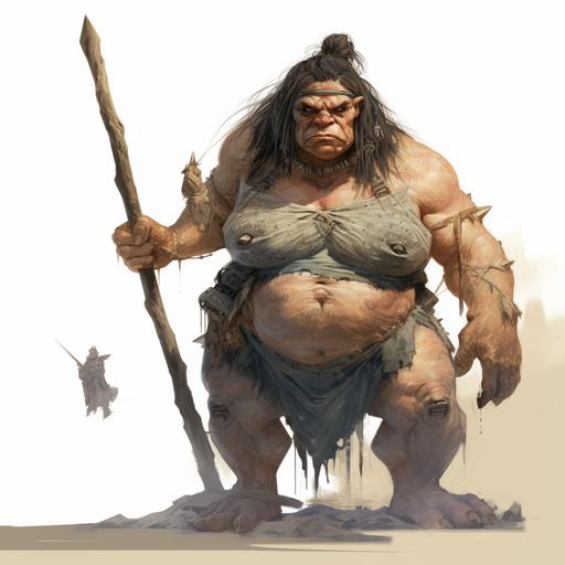 full body female ogre wearing cavewoman clothing, ugly, highly detailed, forgotten realms style concept art, Tom abbey art style, obese, no shoes, cavewoman hairstyle, brutish features, holding a caveman wooden club
