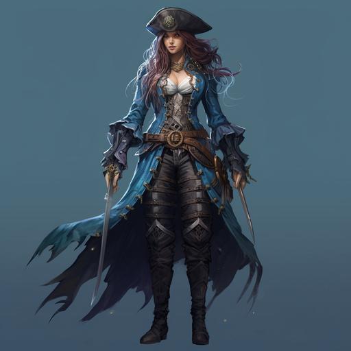 full body female water elemental wearing pirate clothing blue coloured skin blue coloured hair highly detailed forgotten realms style concept art Tom abbey art style water Genasi full body waterbender pirate boots