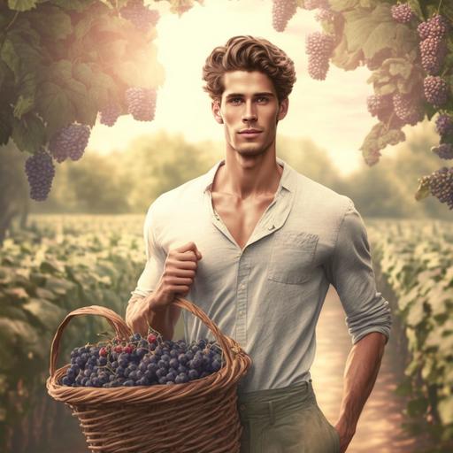 full body, handsome man in French vineyard carries bunches of grapes in front of him in wicker basket, cinematic, realistic