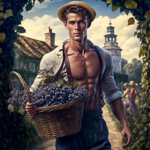 full body, handsome man in French vineyard carries bunches of grapes in front of him in wicker basket, cinematic, realistic