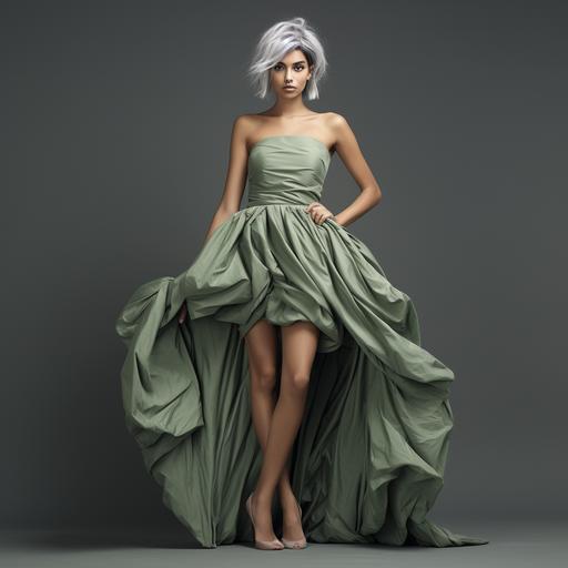 full body head to toe portrait of a high fashion Elle magazine 20 yr old spanish female model with dyed gray hair and beautiful features wearing a muted green wrinkled paper mache dress inspired by Thierry Mugler in front of muted green minimalistic background with dusty wood floor photo studio character. v5