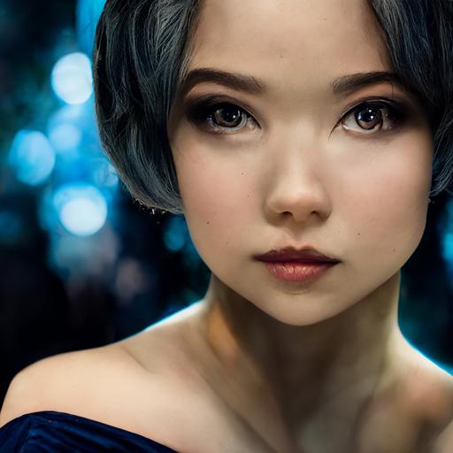full body hyper realistic photo portrait of young japanese girl with a amazing body, bob hairstyle in an silver evening dress, blue eyes, theatre at the background, very detailed, realistic, hd, 4k