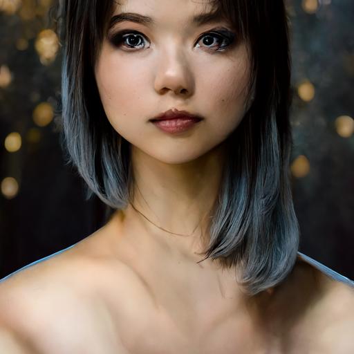 full body hyper realistic photo portrait of young japanese girl with a bob hairstyle in an silver evening dress, blue eyes, amazing body, theatre at the background, realistic, hd, 4k