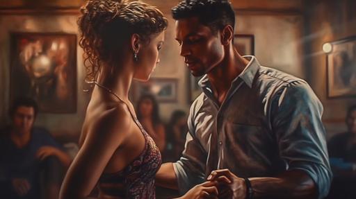 full body hyperrealism colorful watercolored pencil:: amazing epic beautiful couples dancing kizomba on dancefloor, highly detailed, dynamic, expressive, clean lines, cinematic, stunning, realistic lighting and shading , vivid, vibrant, Daguerreotype --ar 16:9 --v 5 --q 2 --s 750