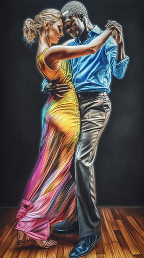 full body hyperrealism colorful watercolored pencil:: amazing epic beautiful couple dancing kizomba, highly detailed, dynamic, expressive, clean lines, cinematic, stunning, realistic lighting and shading , vivid, vibrant, Daguerreotype --ar 9:16 --v 5 --q 2 --s 750