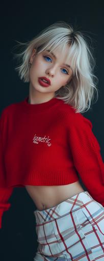 full body image, fashion foto shoot, of a 24 year old model, her name is Ally, she wears a cropped poppy red sweater with an embroidered white logo 