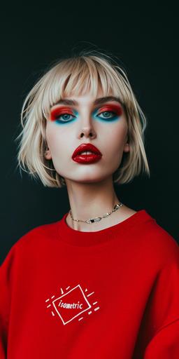 full body image, fashion foto shoot, of a 24 year old model who wears a cropped poppy red sweater with an embroidered white logo 