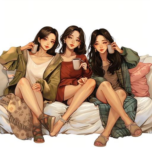 full body image of 3 beautiful asian women, various body sizes, sitting together on a sofa holding mugs, art in cartoon 2D NFT style, use soft tones and colors, white background, image depicts friendship