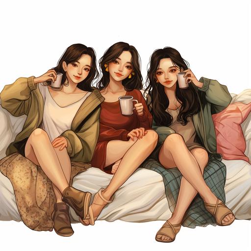 full body image of 3 beautiful asian women, various body sizes, sitting together on a sofa holding mugs, art in cartoon 2D NFT style, use soft tones and colors, white background, image depicts friendship --v 6.0