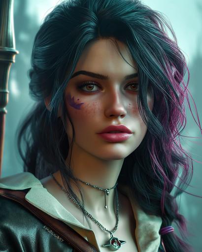 :: full body image of the Witcher 3: wild hunt character Ciri with (black hair ):: , scar on cheek from eye to ear, (black hair),:: purple highlights, dark heavy eye makeup, dark eyeshadow:: --ar 8:10 --v 6.0