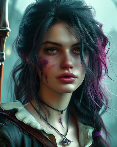 :: full body image of the Witcher 3: wild hunt character Ciri with (black hair ):: , scar on cheek from eye to ear, (black hair),:: purple highlights, dark heavy eye makeup, dark eyeshadow:: --ar 8:10 --v 6.0