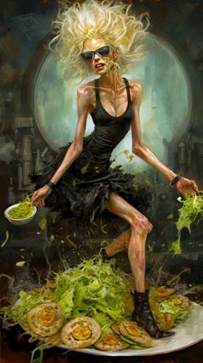 full body in the style of donato giancola and krenz cushart and Zdzisław Beksiński and anselm kiefer and craig mullins, in an explosion of salad, schizophrenic luminous skin ethereal greenhead dripping sauce lady wearing a salad suit, steampunk, cyberpunk, with monstrous biomechanical generous salad and big lacy juicy peach exploded in a lacy salad setting with flowering epiphytic climbing salad, powerfull inner light, liquid olive oil and vinegar and ink concept art, splashed, monstrous biomechanical dressing salad mechanic , dripping dressing sauce, dripping green and thick sald sauce, wooden fork and spoon, spoon and fork fluing, green flower tattoo, 8k, --ar 9:16 --chaos 80 --s 600 --no mockup --q 2 --uplight --v 5