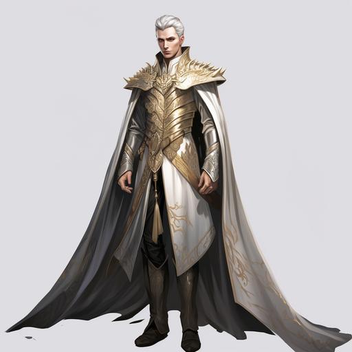 full body male elf wearing medieval royal elf king attire forgotten realms style concept art Tom Abbey art style silver coloured elf hairstyle attractive elf medieval king high fantasy magical golden royal cape elegant long pointy elf ears highly detailed