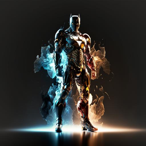 full body mini superhero combination of batman annd iron man, have clawn of wolverin, white and gold suit, bright background, blue light eye, red smoke effect, cgi, cinematic, ultra realistic, futuristic, open gl, cool color grading 45%, 4k--v4