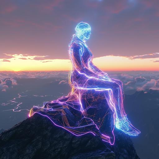 full body neon madonna wireframe hologram watching the sunrise from a silent mountain peak --v 6.0