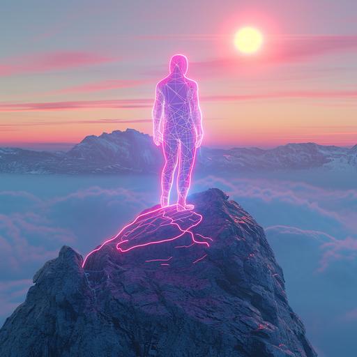 full body neon madonna wireframe hologram watching the sunrise from a silent mountain peak --v 6.0
