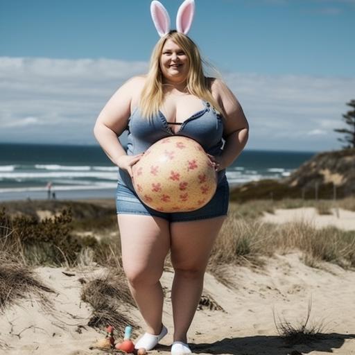 full body of a morbidly obese 19 year old pretty female blonde Easter Bunny with cellulite and stretch marks in shorts and semi-sheer latex top on a terragen easter egg beach, smiling, emotional, visible full body, professional photography --s 750 --q 2 --v 5