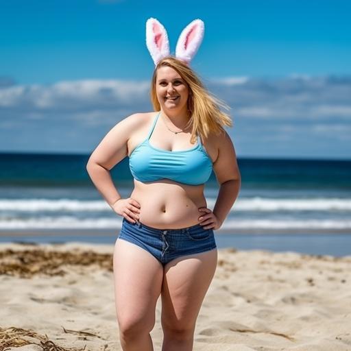 full body of a morbidly obese 19 year old pretty female blonde Easter Bunny with cellulite and stretch marks in shorts and semi-sheer latex top on a terragen easter egg beach, smiling, emotional, visible full body, professional photography --s 750 --q 2 --v 5