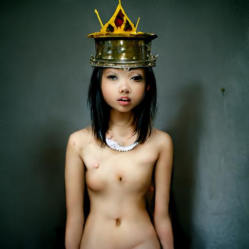 ::full body petite asian girl wearing a short skirt wearing a king's crown