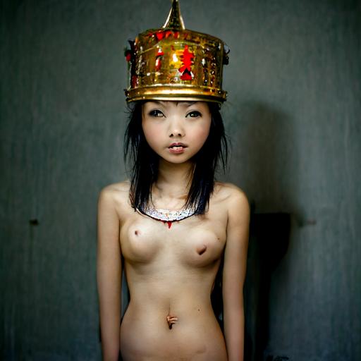 ::full body petite asian girl wearing a short skirt wearing a king's crown