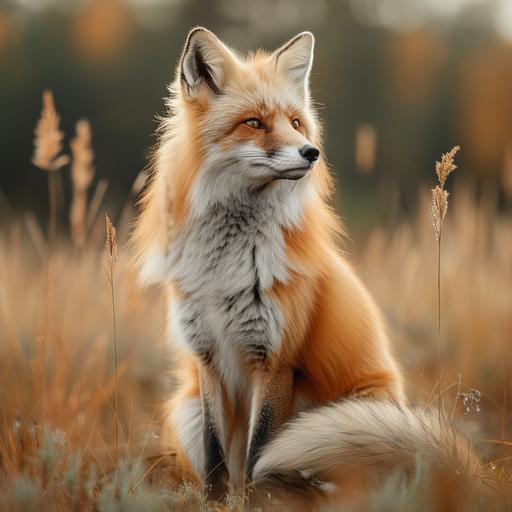 full body photo of a long haired fox sitting in grass with head turned, windy day with grass and hair gently swaying, long bokeh grass, serene, sharp focus, loong dragon collar --v 6.0 --s 250