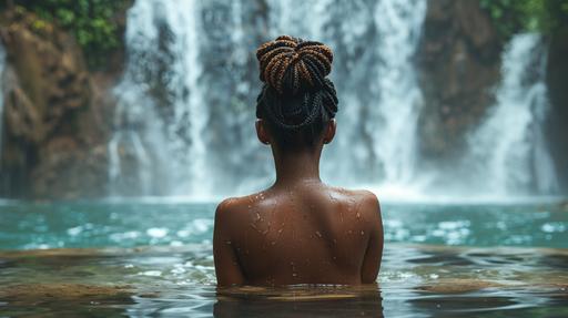 full body photo of an african american lady with braids hairstyle feeling the water of a beautiful water fall, back view, wide shot, vivid --ar 16:9 --s 250