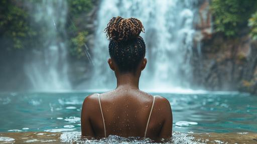 full body photo of an african american lady with braids hairstyle feeling the water of a beautiful water fall, back view, wide shot, vivid --ar 16:9 --s 250