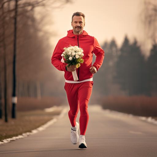 full body photo of casual 40 years old man holding bouquet of flowers. He is in jogging outfit, running fast on red running track, neutral background with trees, man is not smiling, he is concerned, cold and sunny weather, winter time, super realistic photo