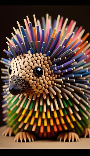 full-body photograph of a cute baby porcupine with quills made from intensely intricate colored construction paper cut and folded into highly complex geometric forms, beautiful eyes, macrophotography, focus-stack, taken on a Canon EOS 7D dSLR with Canon MP-E 65mm 1-5x macro lens, insane detail, by Joseph Albers, Jun Kaneko --ar 9:16