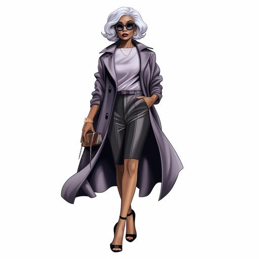 full body picture of a gray haired young beautiful black woman, wearing big fashionable glasses, wearing fashionable outfit with high fashion heels, clipart, cartoon