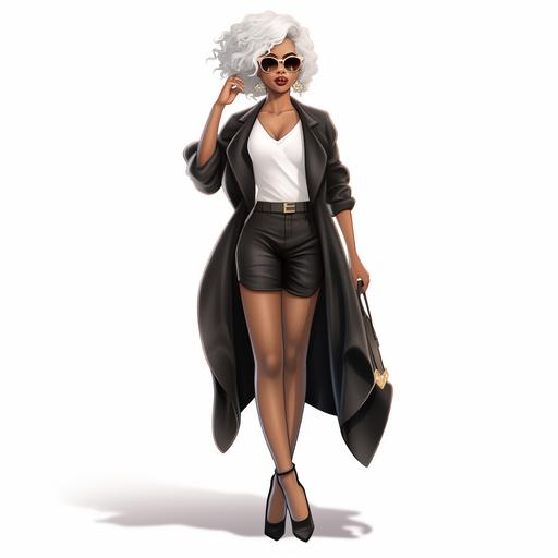full body picture of a gray haired young beautiful black woman, wearing big fashionable glasses, wearing fashionable outfit with high fashion heels, clipart, cartoon
