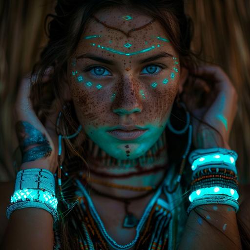 full body picture of a white teenage girl in the wild west dressed as an indigeneous woman with a tribal tattoo on her chin. She is wearing two glowing turquoise bracelets. it is twilight