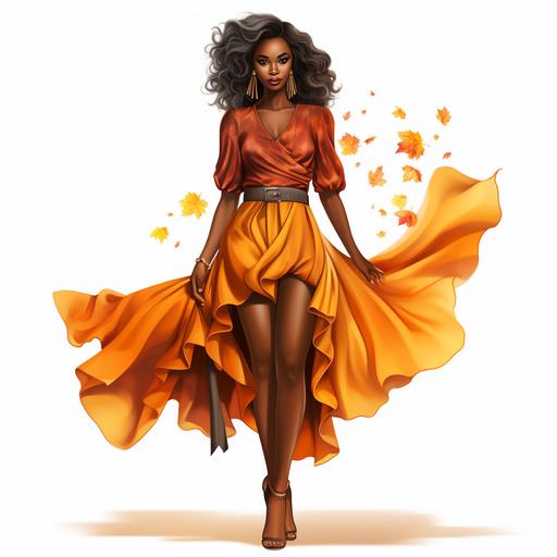 full body picture of a young beautiful black dark skinned girl wearing colors that represent Autumn, looking very fashionable with gorgeous high heels on, clipart